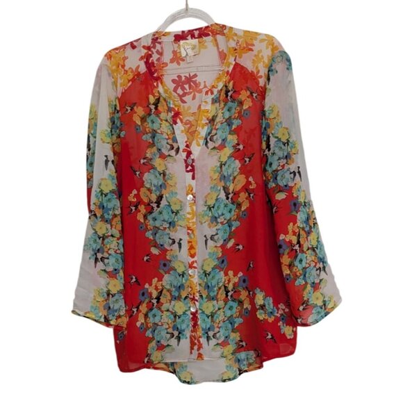 Fig & Flower Floral Shirt Womens Size Large Red Bird Sheer Roll Tab Sleeves - Picture 3 of 12
